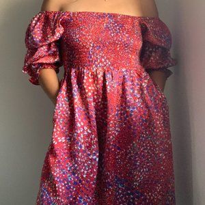 NWT Joy Joy Vibrant Red Abstract Off The Shoulders Puffy Sleeve Short Dress